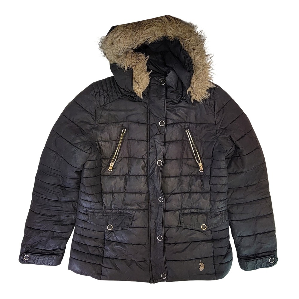 US Polo Assn Puffer Jacket Faux Fur Hood Black Zip Pockets Winter Warm
